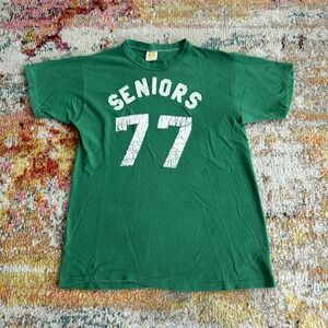 Vintage 1970s Russell Athletic Seniors 77 T-Shirt Mens Medium Green Gold Bar Tag